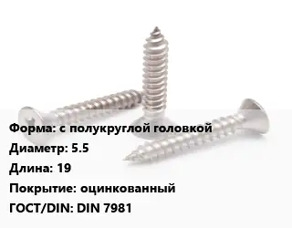 Саморез с полукруглой головкой D=5.5 L=19 оцинкованный ГОСТ: DIN 7981
